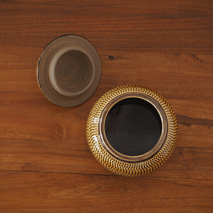 【3月3日12:30再販】★小鹿田焼　小袋窯　2合壺　飴釉飛びかんな