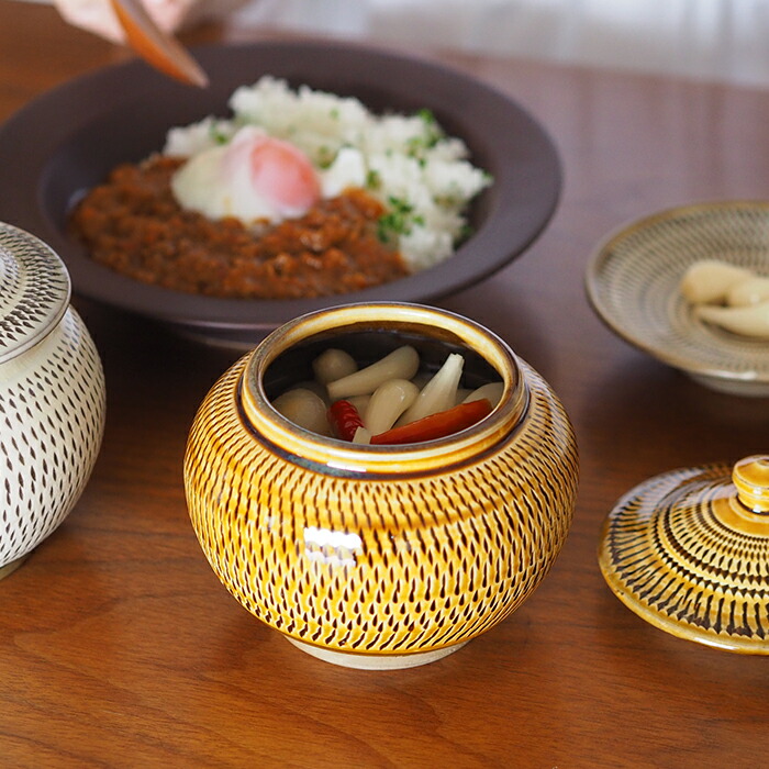 【3月3日12:30再販】★小鹿田焼　小袋窯　2合壺　飴釉飛びかんな