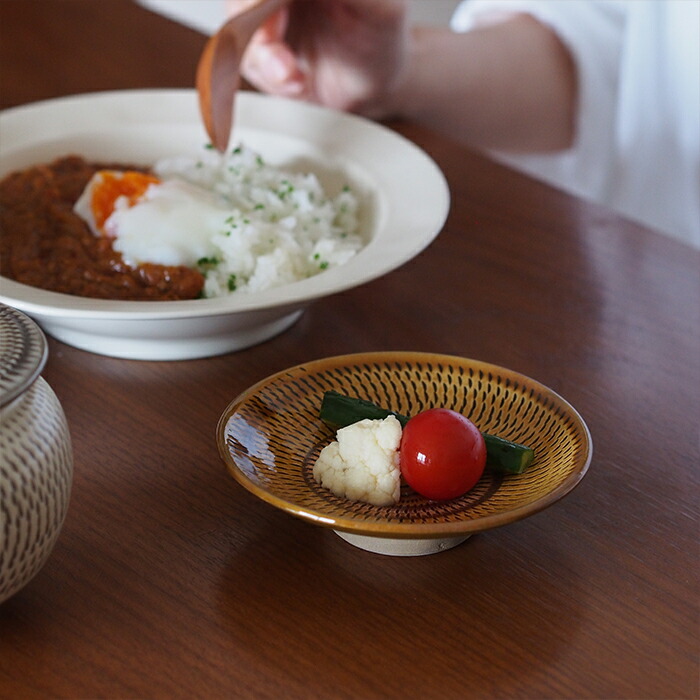 小鹿田焼　小袋窯　4寸皿　飴釉飛びかんな