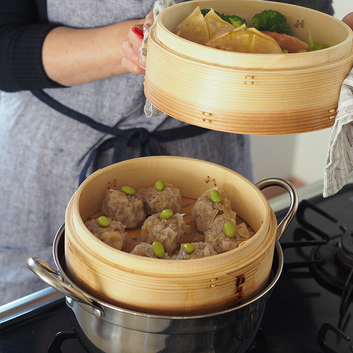 かごや　杉　中華せいろ　21cm　２段　ステンレス鍋付セット