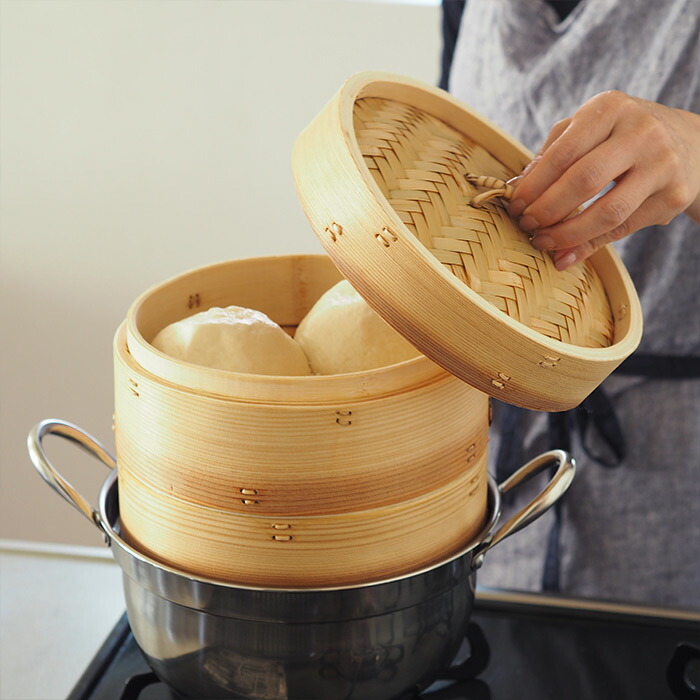 かごや　杉　中華せいろ　21cm　２段　ステンレス鍋付セット
