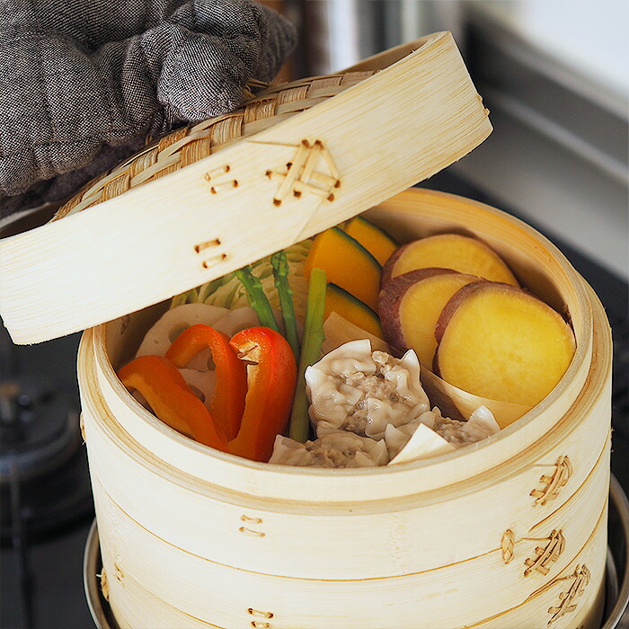 かごや　竹　中華せいろ　21cm　2段　ステンレス鍋付セット