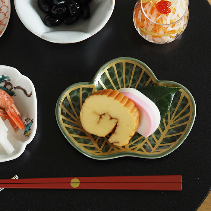 幸楽窯　錦　茶緑金　松葉形　銘々皿【25WS】