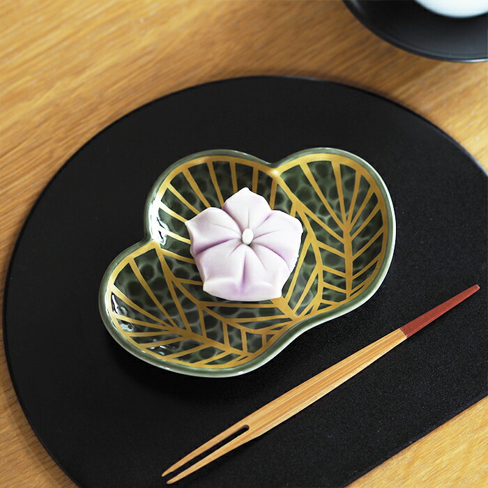 幸楽窯　錦　茶緑金　松葉形　銘々皿【25WS】