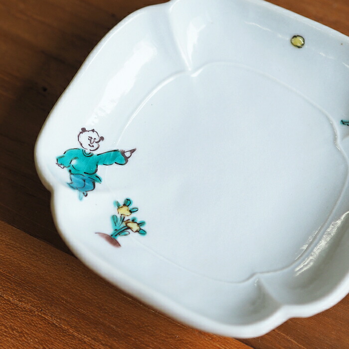 堀畑蘭　隅入豆皿　色絵唐子と小鳥