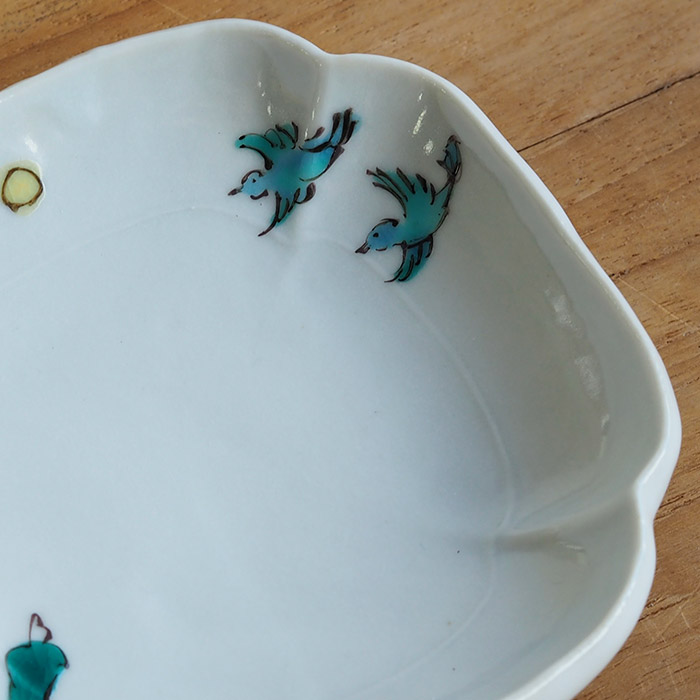 堀畑蘭　隅入豆皿　色絵唐子と小鳥