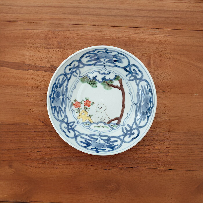 堀畑蘭　6寸深皿　色絵 松と白犬
