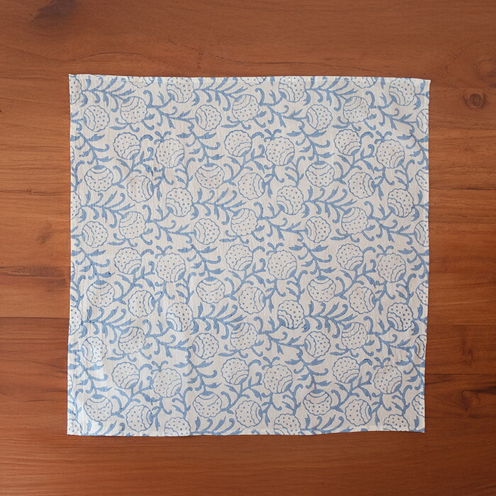 ピープルツリー　ブロックプリント　ハンカチ　フラワー・ブルー　/　People　Tree