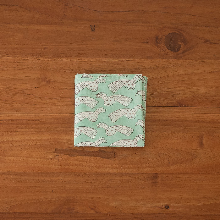ピープルツリー　ブロックプリント　ハンカチ　トリ・グリーン　/　People　Tree