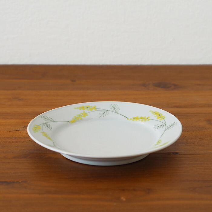 徳永遊心窯　色絵ミモザ　6寸皿